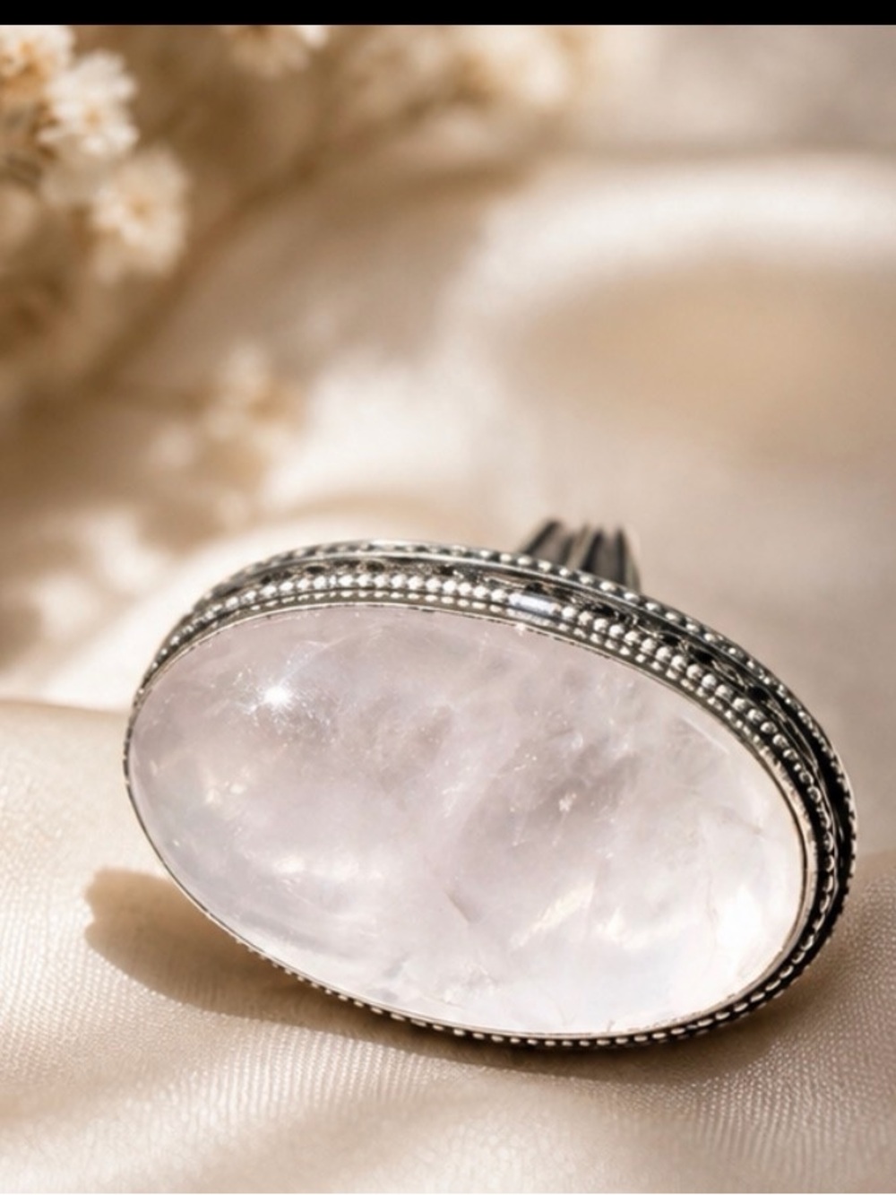 925 Sterling Silver Oval Rose Quartz Statement Ring - Pink Gem